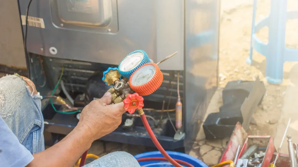 Un technicien en train de vérifier les niveaux de pression et de réparer une climatisation dont la structure interne est visible capot ouvert, faisant référence à l'entreprise spécialisée en chauffage climatisation pompe à chaleur, agro-froid-charente.fr dans les départements de la Charente-Maritime et de la Charente.